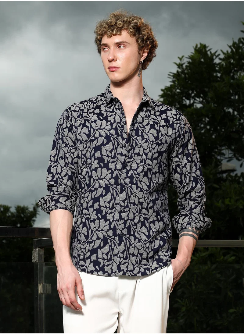 Campus Sutra Men's Dark Blue Floral Cotton Poly Casual Shirt