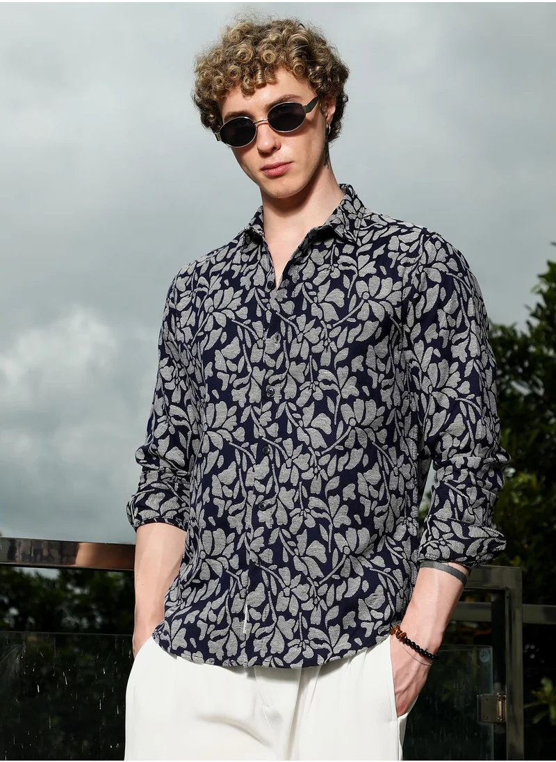 Campus Sutra Men's Dark Blue Floral Cotton Poly Casual Shirt