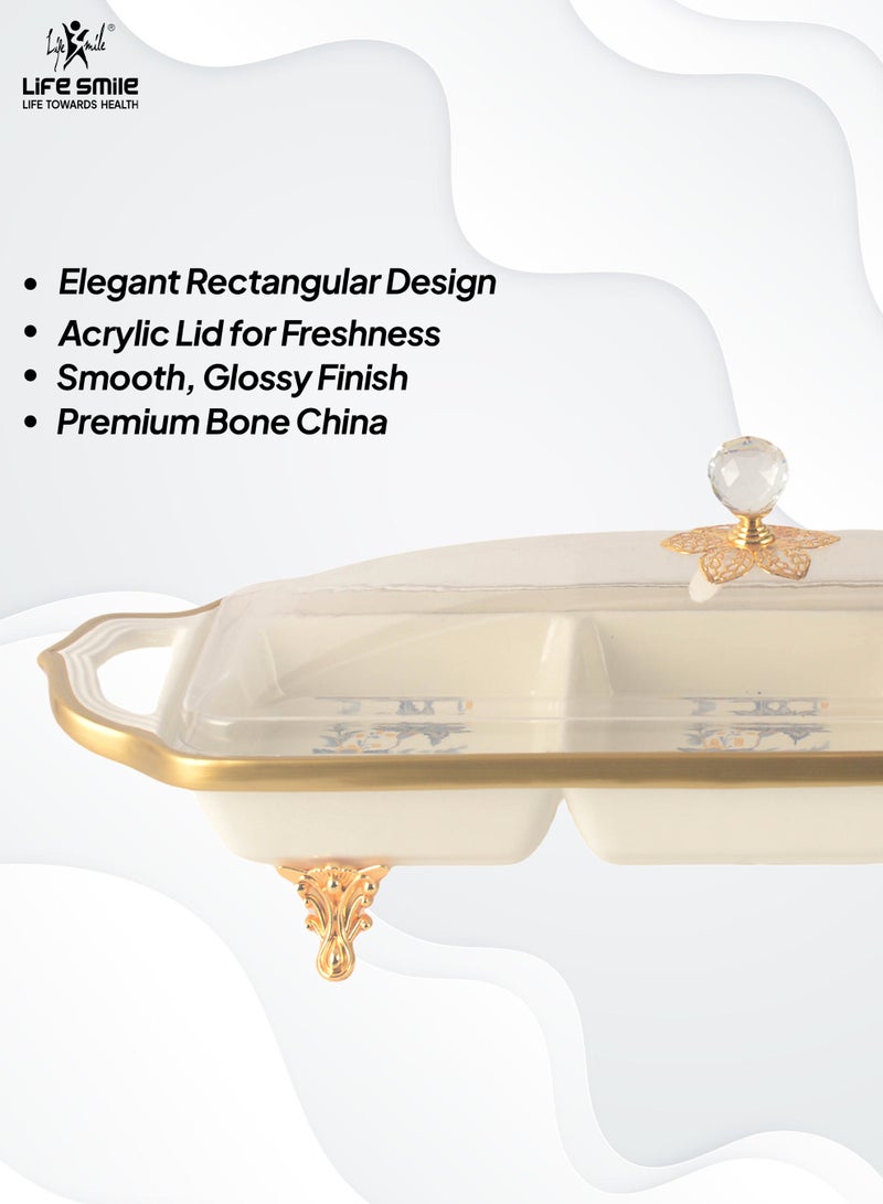 Life Smile Life Smile LIFE SMILE Square Bone China Fruit Bowl With Cover  - Serving Basket with Gold Stand and Acrylic Lid with Knob For Fruit,Snack, Nuts ,Cake & Dessert Storage - Image 4