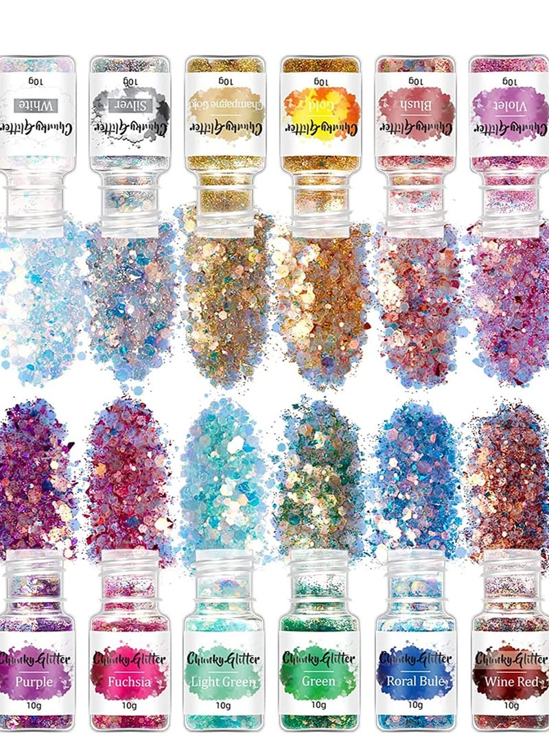 Holographic Chunky Glitter, 12 Color Mixology Craft Powder for Epoxy Resin /Tumblers /Slime, Sequins Festival Decor, Fine for Face Body Eye Hair Nail - Image 1
