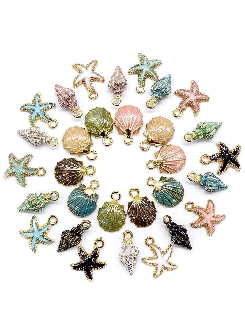 Mixed Ocean Beach Charms Set, 28Pcs Starfish and Shell Pendants for DIY Jewelry Making, Perfect for Necklaces, Bracelets, and Earrings, Assorted Alloy Enamel Accessories - Image 1