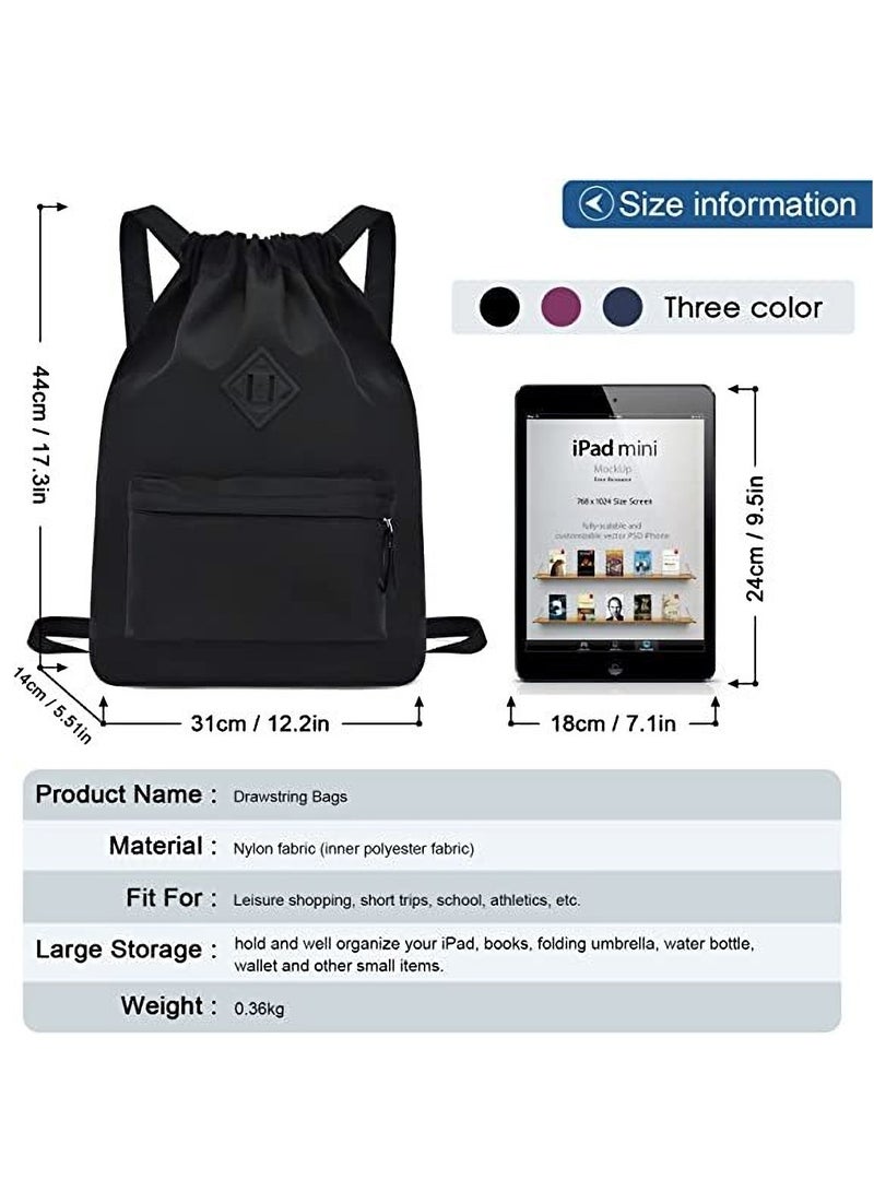 Nylon Drawstring Backpack for Sports and Gym, Large Water-Resistant Sackpack with Zipper and Front/Rear Pockets, Ideal for School, Swimming, Travel for Kids, Boys, Girls, Women, and Men. - Image 5