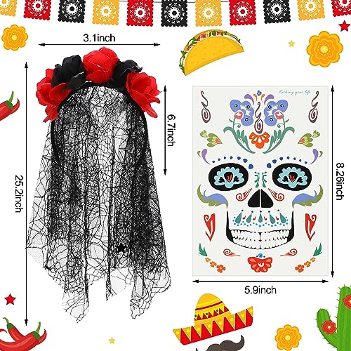 Xaatren 5 Pcs Women's Day of the Dead Costume Halloween Black Skull Skirt Gloves Stocking Face Tattoos Floral Crown Veil(X-Large) - Image 2