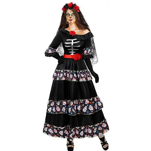 Xaatren 5 Pcs Women's Day of the Dead Costume Halloween Black Skull Skirt Gloves Stocking Face Tattoos Floral Crown Veil(X-Large) - Image 5