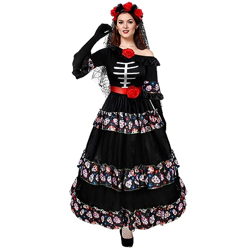Xaatren 5 Pcs Women's Day of the Dead Costume Halloween Black Skull Skirt Gloves Stocking Face Tattoos Floral Crown Veil(X-Large) - Image 4
