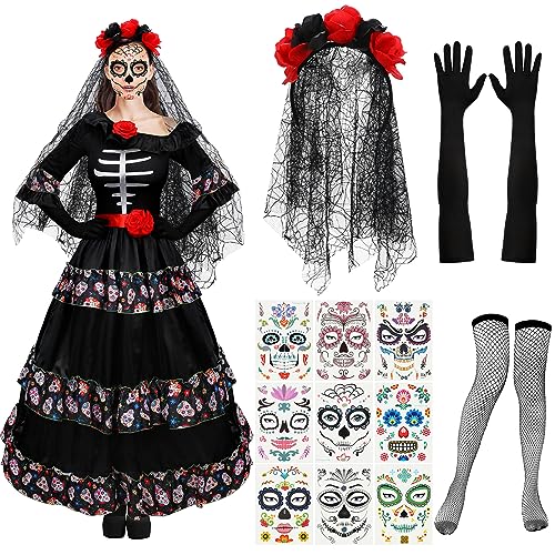 Xaatren 5 Pcs Women's Day of the Dead Costume Halloween Black Skull Skirt Gloves Stocking Face Tattoos Floral Crown Veil(X-Large) - Image 1
