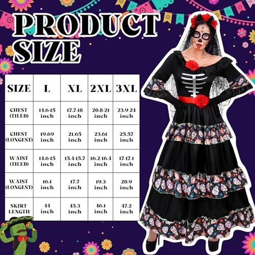 Xaatren 5 Pcs Women's Day of the Dead Costume Halloween Black Skull Skirt Gloves Stocking Face Tattoos Floral Crown Veil(X-Large) - Image 3
