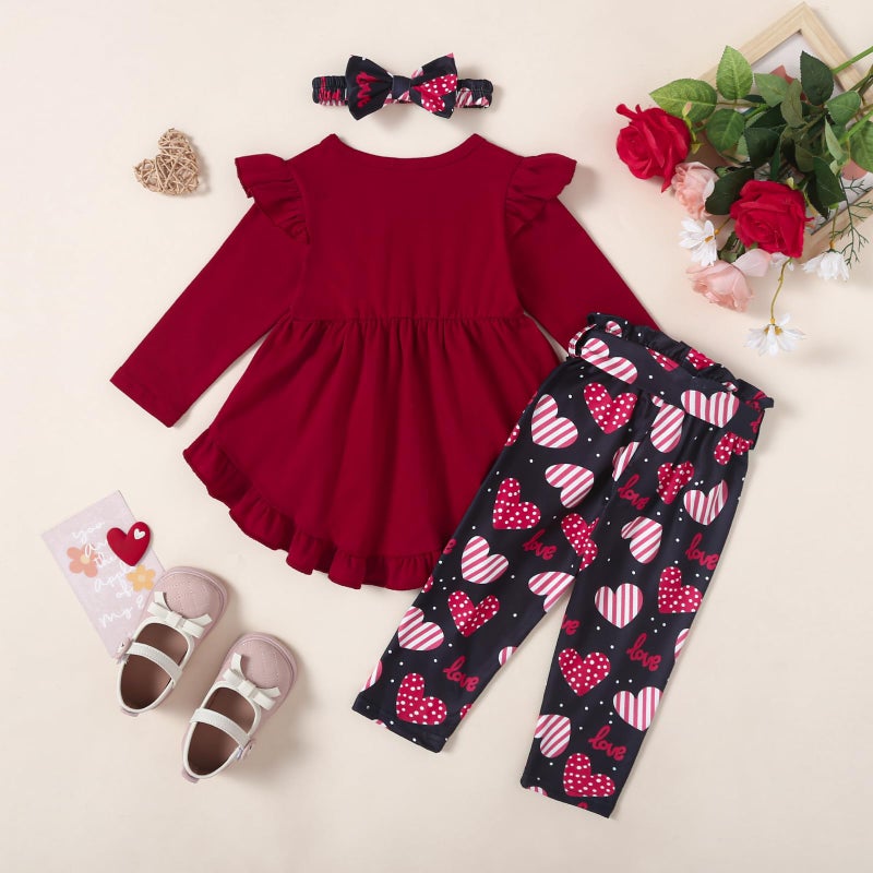 Noubeau Toddler Baby Girl Valentine's Day Clothes Ruffle Sleeve Boho Shirt Dress Heart Pant Set 3Pcs Spring Outfits(Heart b,4-5 Years) - Image 3