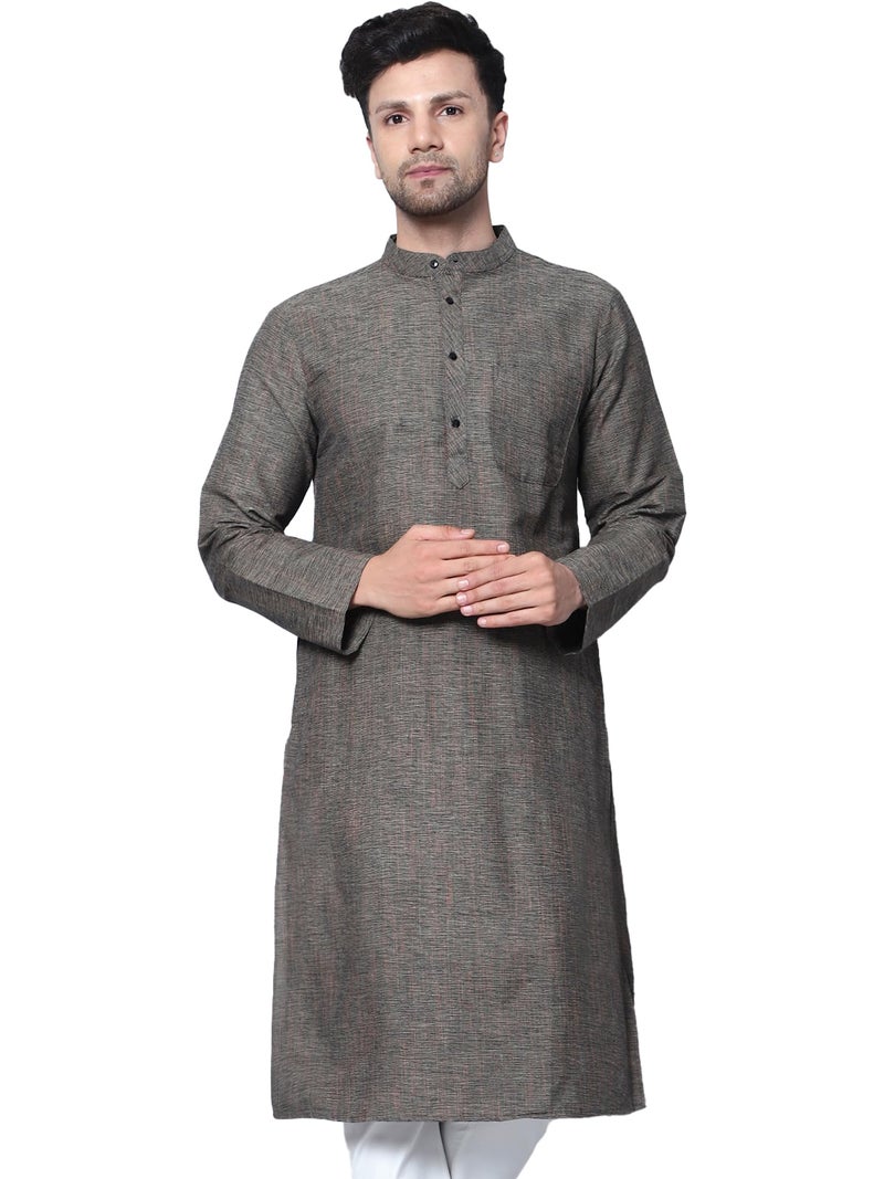 LATEST CHIKAN Men's Cotton Regular Fit Textured Long Kurta Full Sleeves - Casual Ethnic Wear -LK-DBL-GY-38 Grey - Image 1