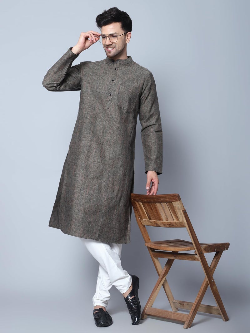 LATEST CHIKAN Men's Cotton Regular Fit Textured Long Kurta Full Sleeves - Casual Ethnic Wear -LK-DBL-GY-38 Grey - Image 2
