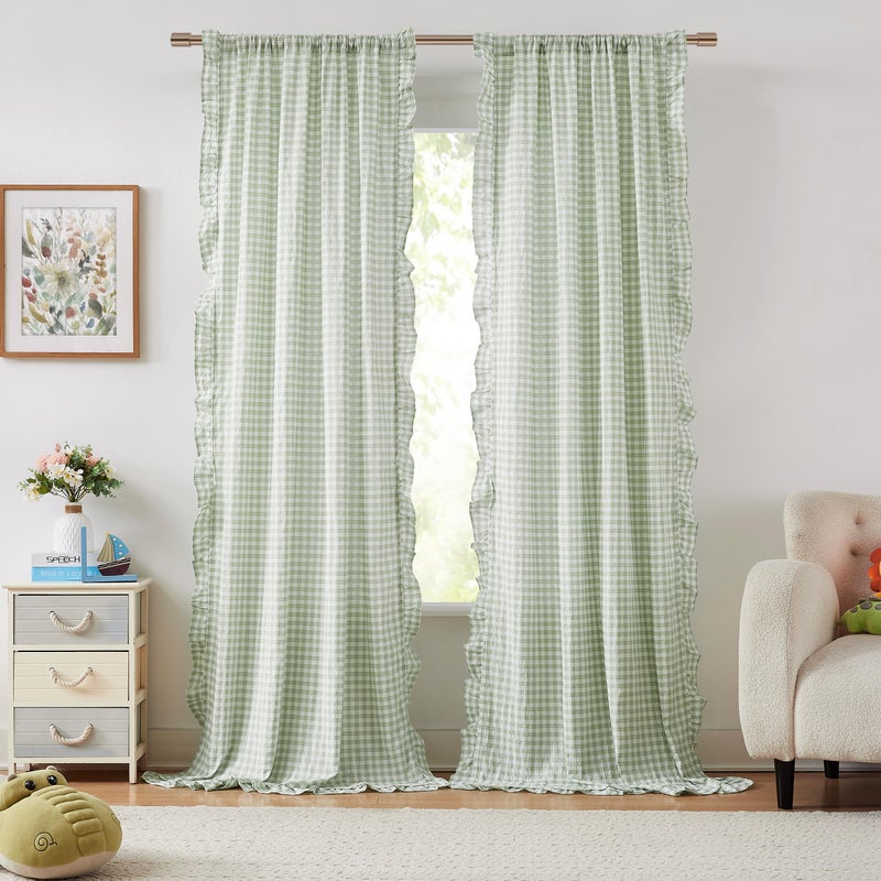 ZJDECOR Sage Green White Buffalo Plaid Ruffle Curtains 95 Inches Long,Woven Crinkled Not-See-Through Sheer Drapes,Shabby Chic Window Treatment for Bedroom Living Room,Rod Pocket,40" Wx95 L,Pack of 2 - Image 1