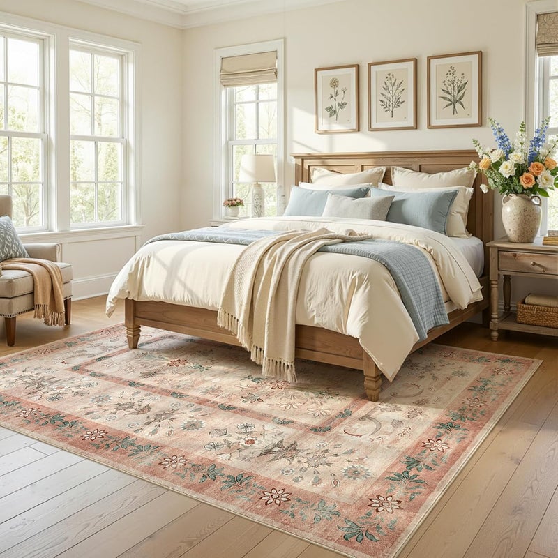 jinchan Area Rug 8x10 Washable Rug, Vintage Floral Living Room Carpet Non Slip Home Decor Rugs, Low-Pile Carpet for Bathroom Entrance Bedroom Office Farmhouse and Dining Table (Dusty Pink) - Image 2