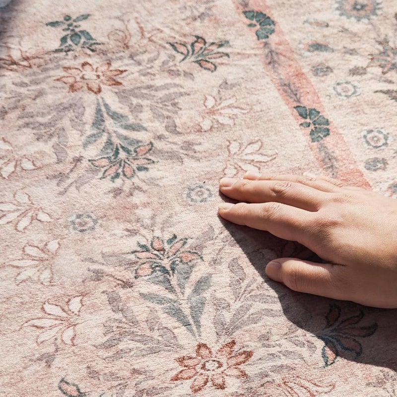 jinchan Area Rug 8x10 Washable Rug, Vintage Floral Living Room Carpet Non Slip Home Decor Rugs, Low-Pile Carpet for Bathroom Entrance Bedroom Office Farmhouse and Dining Table (Dusty Pink) - Image 5