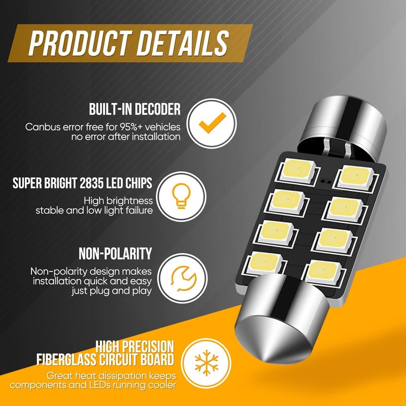 Audak Festoon LED Bulb 39mm 2835 8SMD Canbus Error Free Fit for Interior Dome Map Lights Door Courtesy Lights Trunk Lights License Plate Lights (Pack of 4) - Image 2