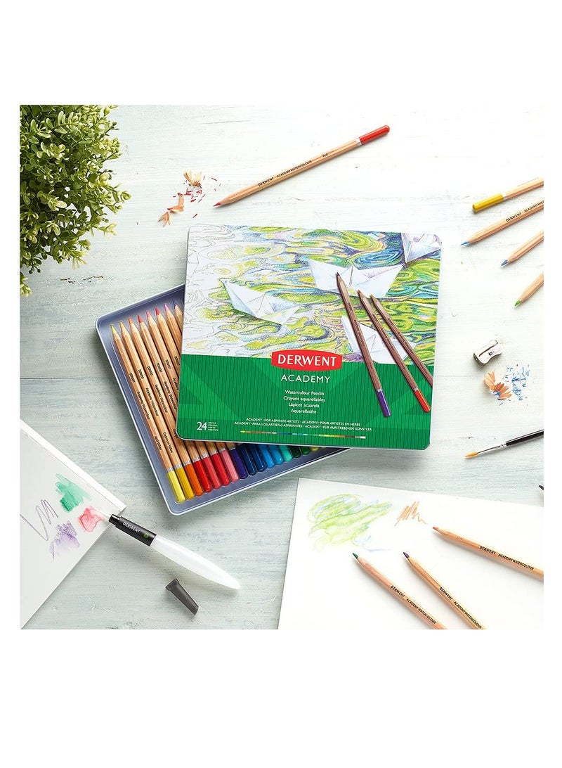 Derwent Academy Watercolour Pencils Tin  Set of 24 Multi Coloured Multi - Image 3