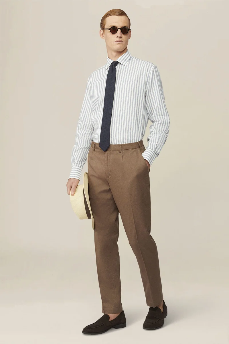 Doppelganger Multicolour Men's casual shirt with French collar in striped washed linen and cotton fabric - White/Sky for Men | Best Price UAE