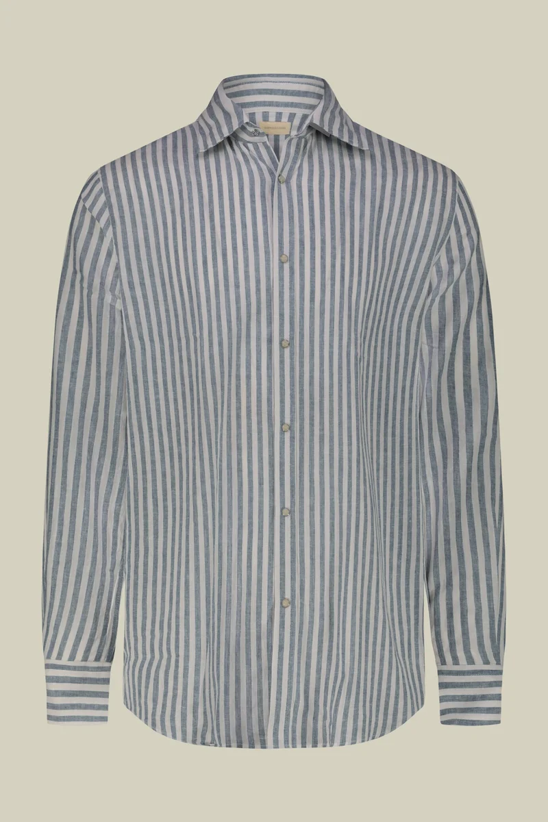 Doppelganger Multicolour Men's casual shirt with French collar in striped washed linen and cotton fabric - White/Sky for Men | Best Price UAE