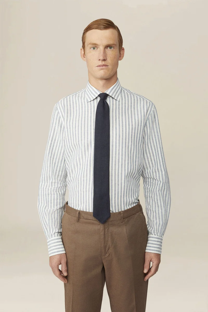 Men's casual shirt with French collar in striped washed linen and cotton fabric - White/Sky