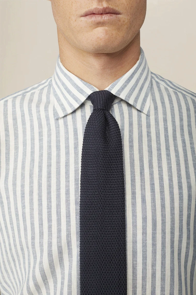 Doppelganger Multicolour Men's casual shirt with French collar in striped washed linen and cotton fabric - White/Sky for Men | Best Price UAE