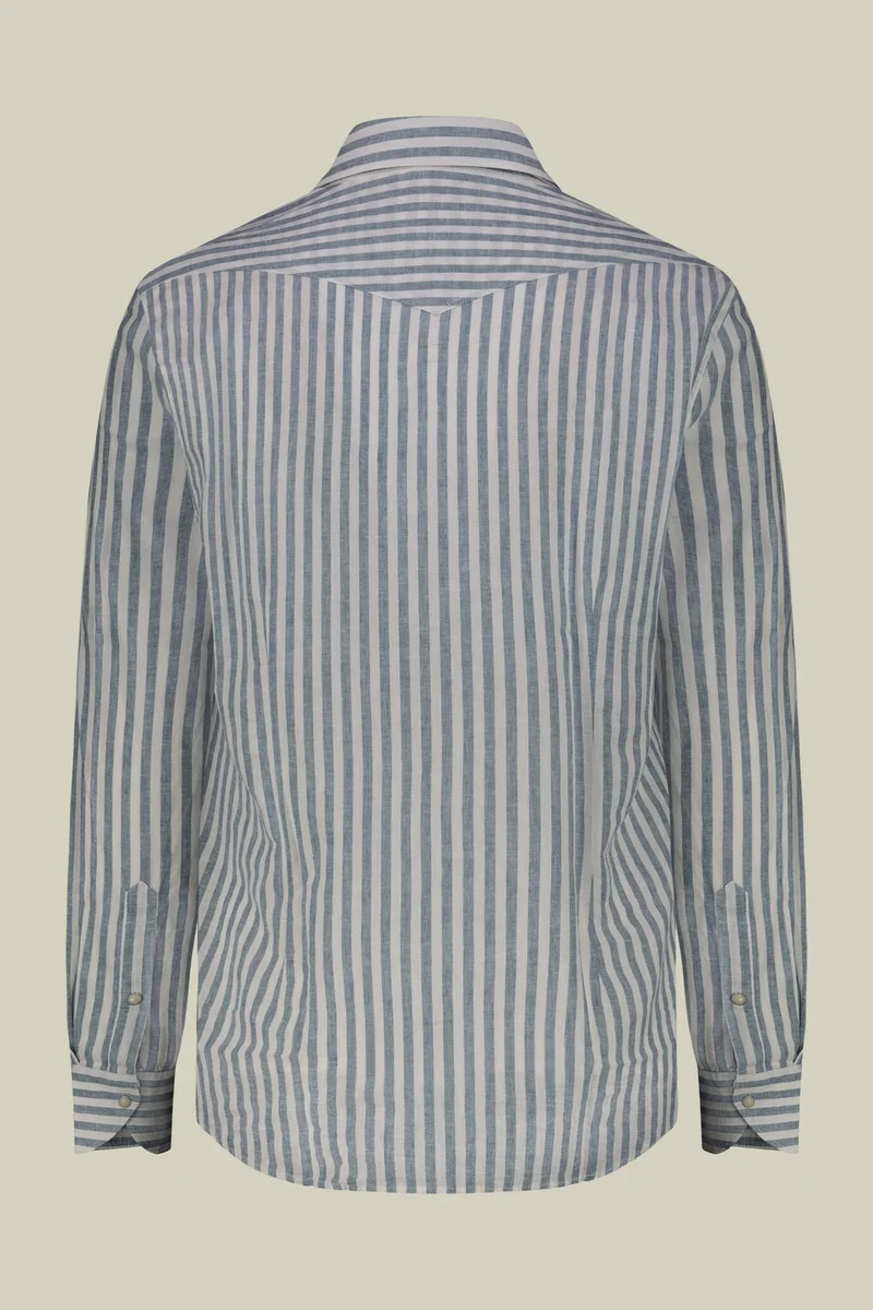 Doppelganger Multicolour Men's casual shirt with French collar in striped washed linen and cotton fabric - White/Sky for Men | Best Price UAE