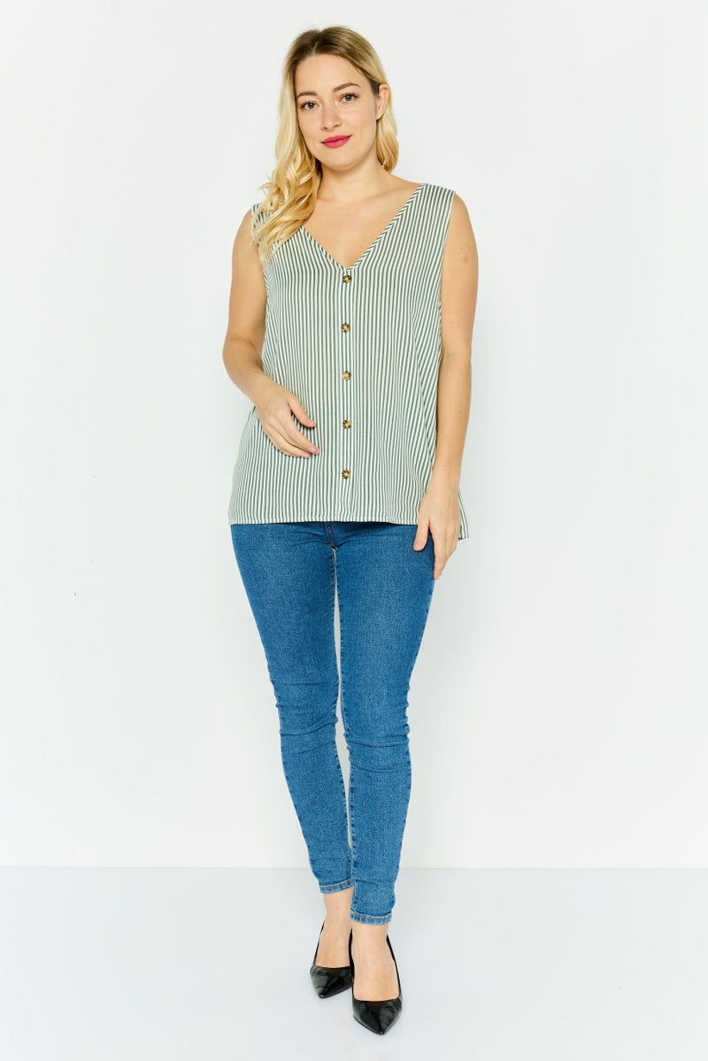 VERO MODA بلوزة نسائية بدون أكمام على شكل حرف V بخطوط، خضراء - Image 2