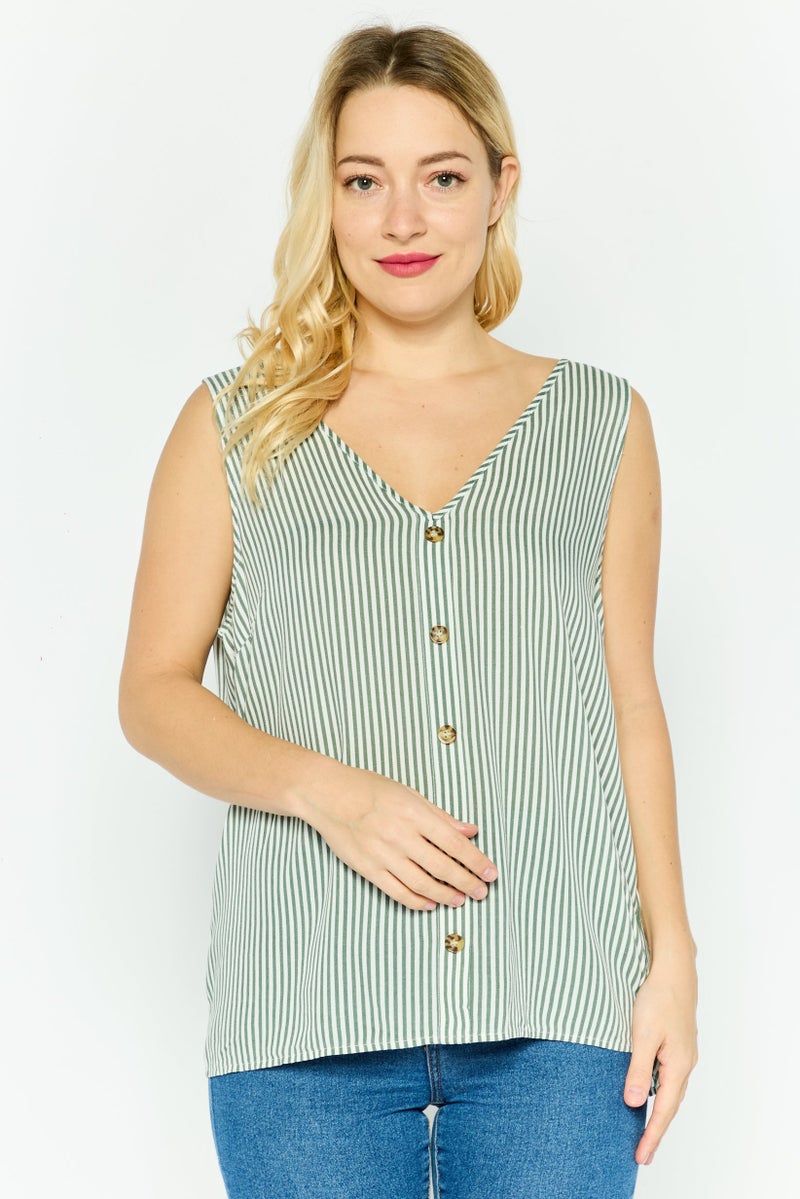 VERO MODA بلوزة نسائية بدون أكمام على شكل حرف V بخطوط، خضراء - Image 1