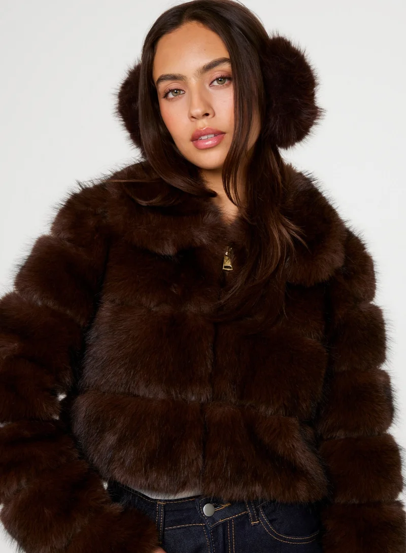 Pink Vanilla  Faux Fur Cropped Coat for Women | Best Price UAE