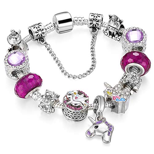 YOUFENG Love Beads Charms Bracelet for Women Snake Chain Unicorn Charm Flower Charms Bracelets Birthday Gifts for Her Amethyst Bracelet 2 - Image 1