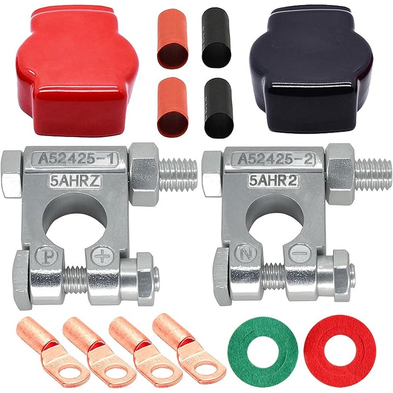 DLronwey Battery Terminal Connectors,Military Spec Positive Negative Heavy Duty Battery Terminals with 4 pcs 2 Gauge 3/8 Copper Lugs,4 Heatshrink,2 Cover and Anti Corrosion Washers - Image 1