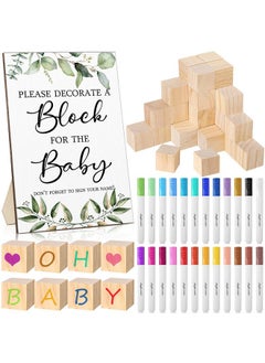 Tatuo 75Pcs Baby Shower Games Sign Kit Including Decorate A Block Game Sign 50Pcs Diy Blank Wooden Block 24Pcs Acrylic Paint Marker Baby Shower Prize For Game Winners Gender Reveal Party(Greenery)  - Image 2