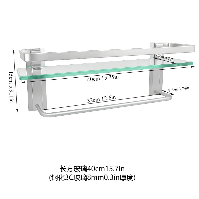 Lumclaw Bathroom Shelves with Towel Holder Rustproof 15.7'' Tempered Glass Shelf with Rails Wall Mounted Stainless Steel, Polished Chrome Decorative - Image 4