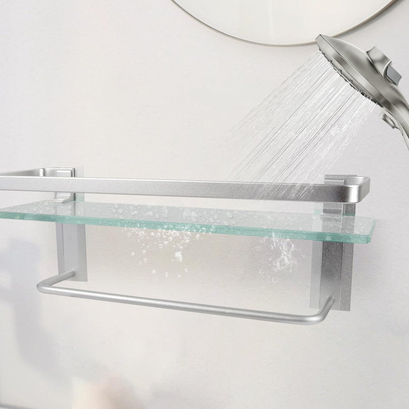 Lumclaw Bathroom Shelves with Towel Holder Rustproof 15.7'' Tempered Glass Shelf with Rails Wall Mounted Stainless Steel, Polished Chrome Decorative - Image 5