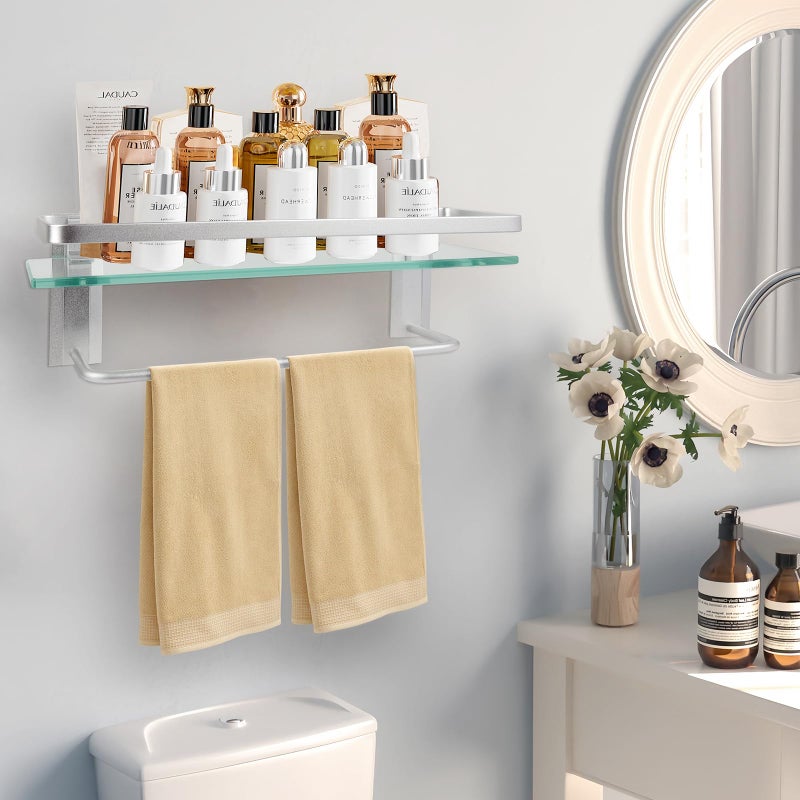 Lumclaw Bathroom Shelves with Towel Holder Rustproof 15.7'' Tempered Glass Shelf with Rails Wall Mounted Stainless Steel, Polished Chrome Decorative - Image 2