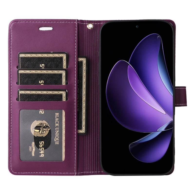 erorex For OPPO Reno13F 4G / 5G Six Card Slots Buckle Leather Phone Case with Lanyard(Purple) - Image 4