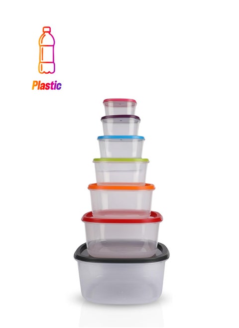 FEELINGS  FOOD CONTAINER PLASTIC OVAL SQR W/ RAINBOW LIDS 7 SET
