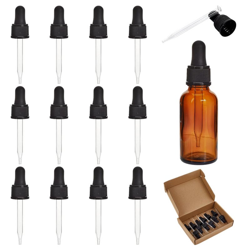 PH PandaHall 18-410 Glass Eye Droppers for 30ml/1oz Essential Oil, Set of 12 Pressure Rotating Cover Oil Droppers Pipettes Roller Tops for Dropper Bottles, Perfume, 9.5x2.18cm, Inner diameter 1.77cm - Image 1