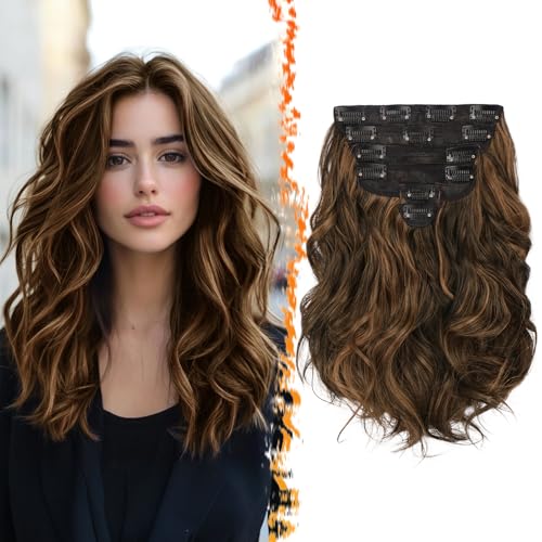BARSDAR Short Wavy Clip in Hair Extensions - 12 Inch Highlight Extensions for Women - 6PCs Thick Soft Synthetic Hairpieces Daily - Dark Brown With Highlights - Image 1
