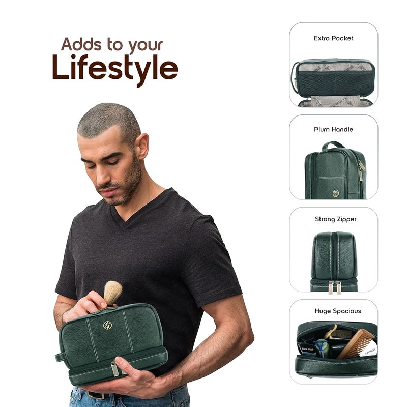 HAMMONDS FLYCATCHER Genuine Leather Toiletry Bag for Men and Women Cosmetic Organizer Bag, Travel Organizer Pouch, Shaving Kit Bag for Men Toiletry Pouch for Men with Multiple Pockets - Green - Image 3