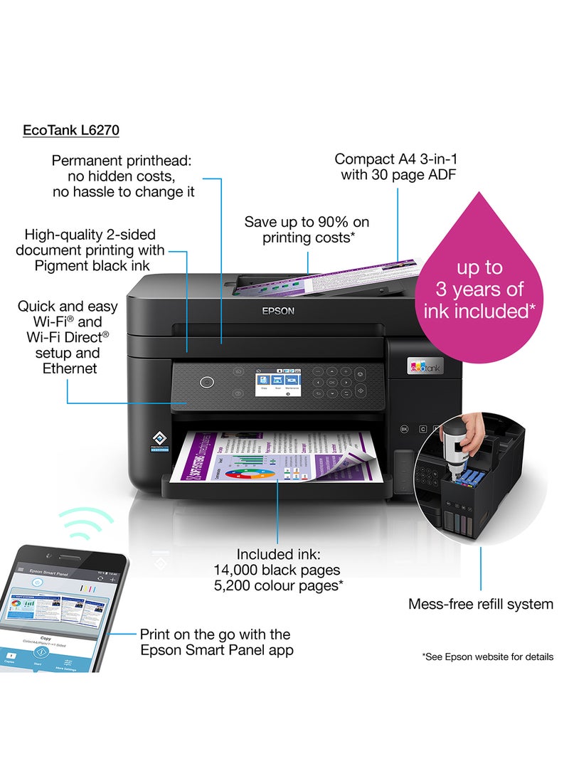 EPSON Ecotank L6270 Office Ink Tank Printer A4 Colour 3-In-1 Printer With ADF, Wi-Fi And Smart Panel Connectivity And Lcd Screen Black - Image 3