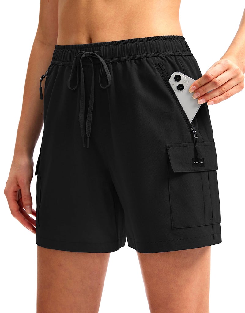 SANTINY Women's 5''/ 7'' Hiking Cargo Shorts Quick Dry Lightweight Summer Shorts for Women Athletic Golf Zipper Pockets(Black_M) - Image 1