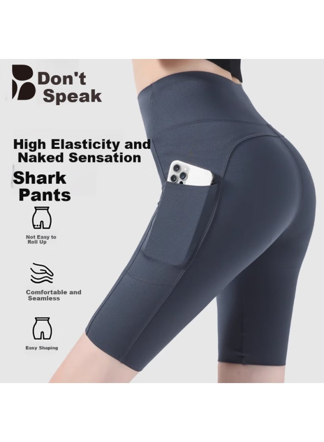 Don't speak Biyu Five-point Sharkskin Women's Shorts With Pockets Cool Feeling Bottoming Shorts Yoga Sports Pants Thin Grey M - Image 1