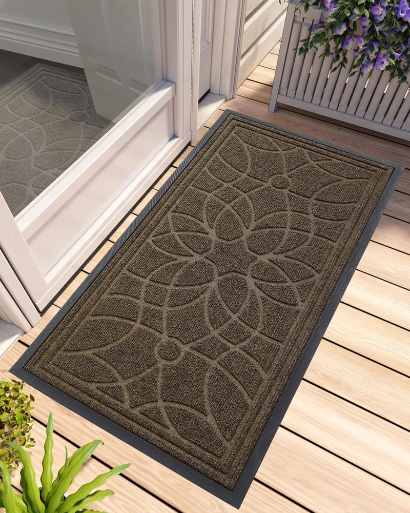 DEXI Front Door Mat Outside Entrance Heavy Duty Non Slip Low Profile Doormat for Entryway Trap Dirt and Moisture Welcome Mats Easy Clean Patio Garage 4x2 Brown