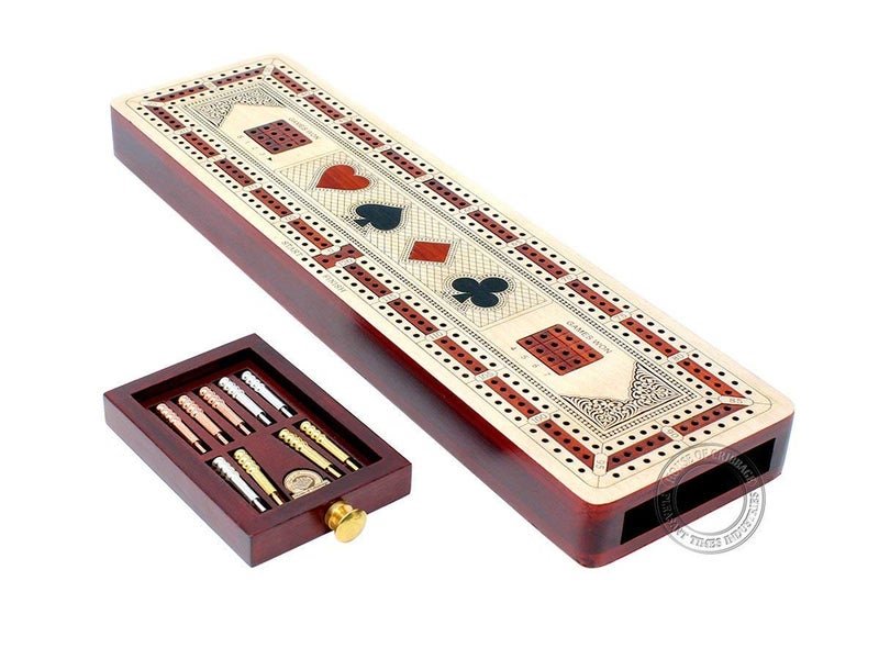 House of Cribbage 3 Track Continuous Cribbage Board Inlaid in Maple WoodBloodwood Size 125 Inch Wood Inlaid Card Symbols Suits Storage Drawer for Cribbage Pegs