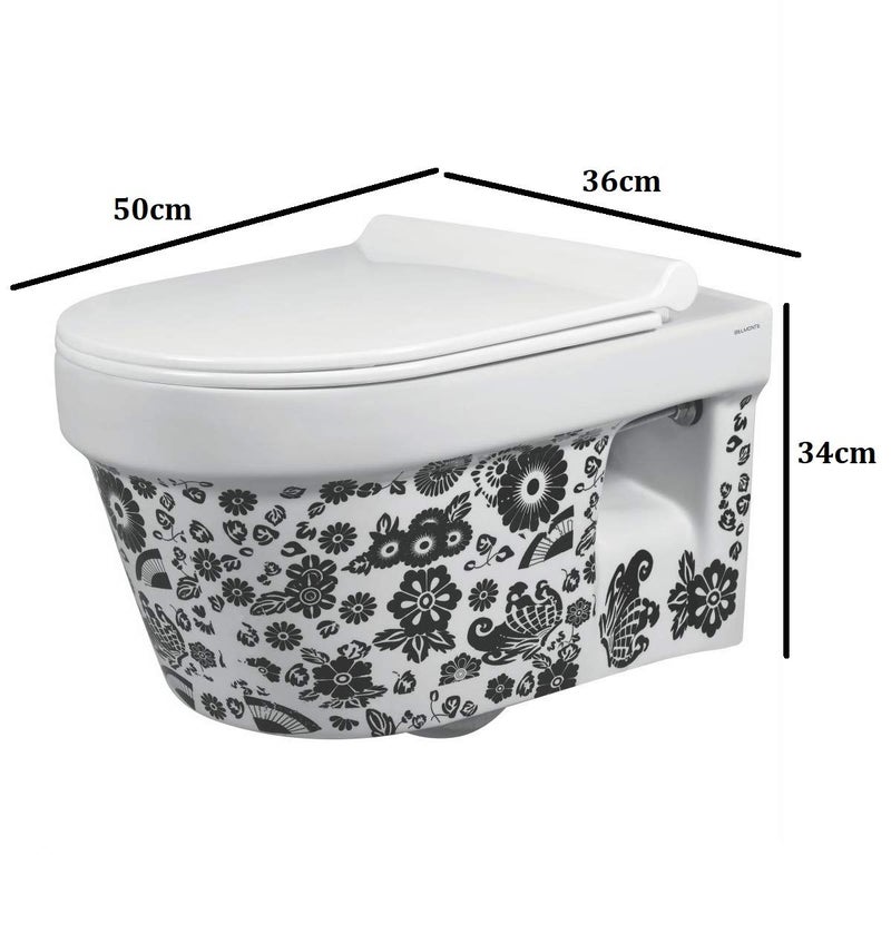 Belmonte Ceramic Wall Mounted RimfreeRimless Designer Western Commode ToiletWater ClosetEWC Retro 50cm x 36cm x 34cm Printed White - Image 2