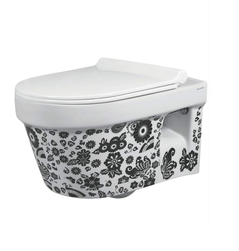 Belmonte Ceramic Wall Mounted RimfreeRimless Designer Western Commode ToiletWater ClosetEWC Retro 50cm x 36cm x 34cm Printed White - Image 1