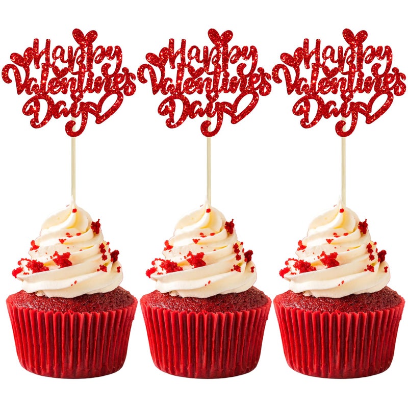 Ephlyn 24Pcs Happy Valentine's Day Cupcake Toppers Glitter Sweet Love Cupcake Food Picks Valentine Cupcake Topper for Happy Valentine's Day Birthday Party Cake Decorations Supplies Red - Image 1