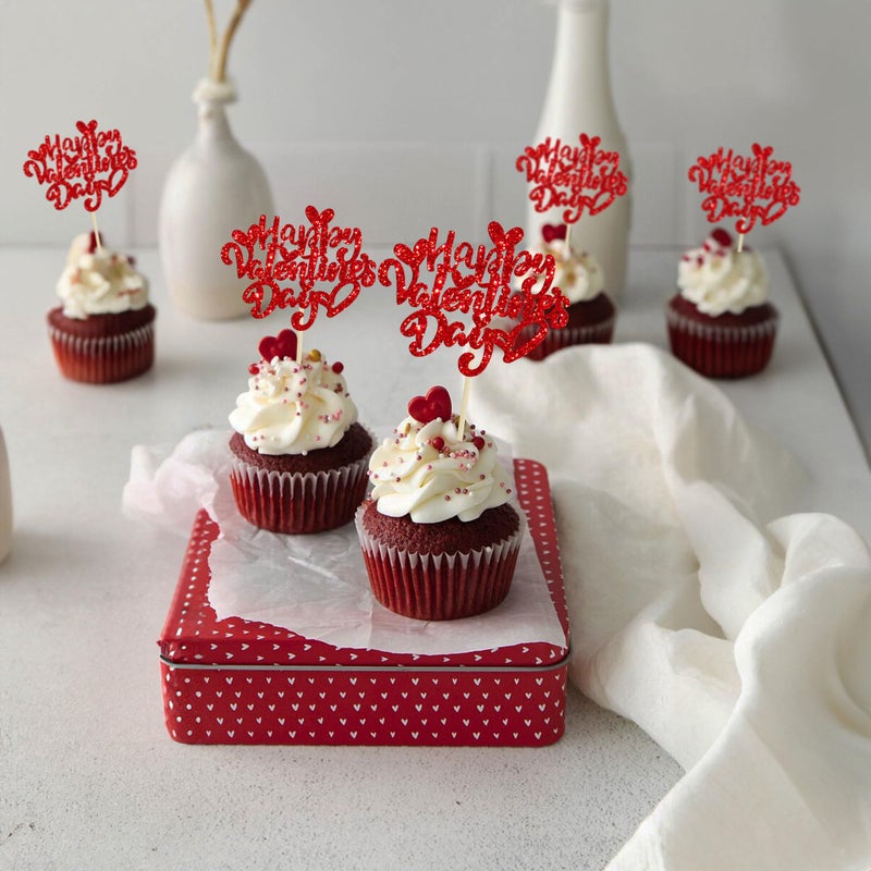 Ephlyn 24Pcs Happy Valentine's Day Cupcake Toppers Glitter Sweet Love Cupcake Food Picks Valentine Cupcake Topper for Happy Valentine's Day Birthday Party Cake Decorations Supplies Red - Image 4