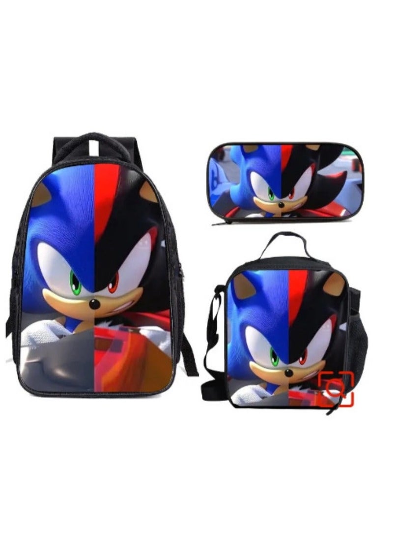 Sonic student large capacity backpack three piece set, anime cartoon backpack, shoulder bag pen bag