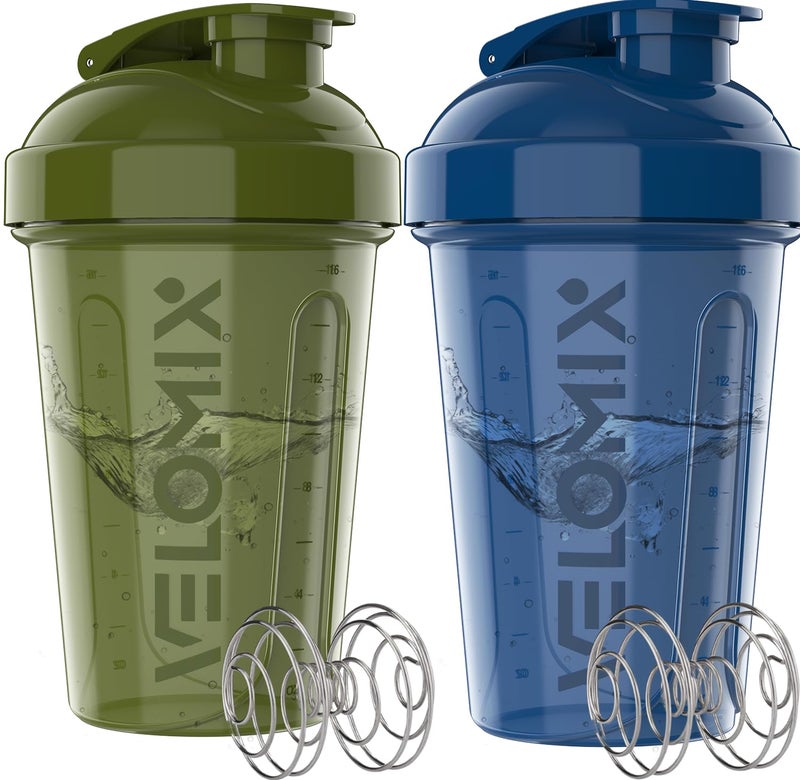 VELOMIX 2 Pack 20 oz Protein Shaker Bottles for Protein Mixes 2x Wire Whisk Leak Proof Shaker Cups for Protein Shakes and Pre Workout Protein Shaker Bottle Pack GreenBlue