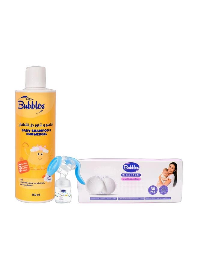 بابلز شفاط ثدي مدمج ببرونة ناتشورال 150 مل-لبنى-متعددة الاشكال &  بابلز وسادات رضاعة للاستعمال مرة واحدة للثدي 30 قطع &  بابلز شامبو وشاور جل 450 مل- للطفل من أول يوم - Image 1